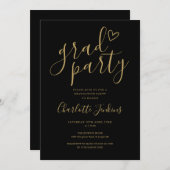 Invitation Black Gold Grad Script Heart Graduation Party (Devant / Derrière)