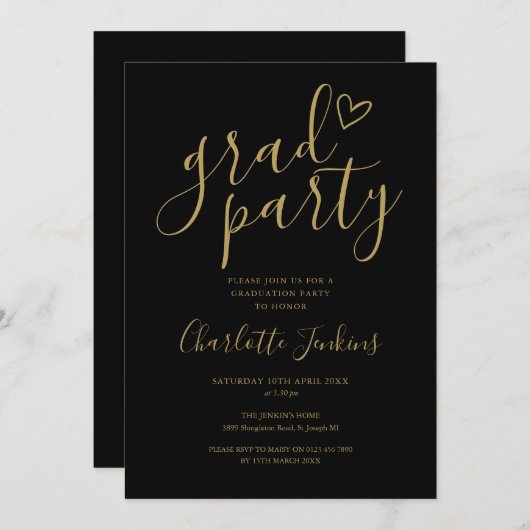 Invitation Black Gold Grad Script Heart Graduation Party (Devant / Derrière)