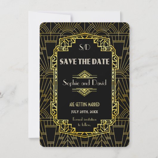 Invitation Black & Gold Great Gatsby Art Déco Enregistrer La (Devant)
