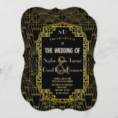 Invitation Black & Gold Great Gatsby Art Déco Mariage (Devant / Derrière)
