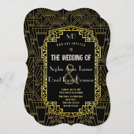 Invitation Black & Gold Great Gatsby Art Déco Mariage (Devant / Derrière)