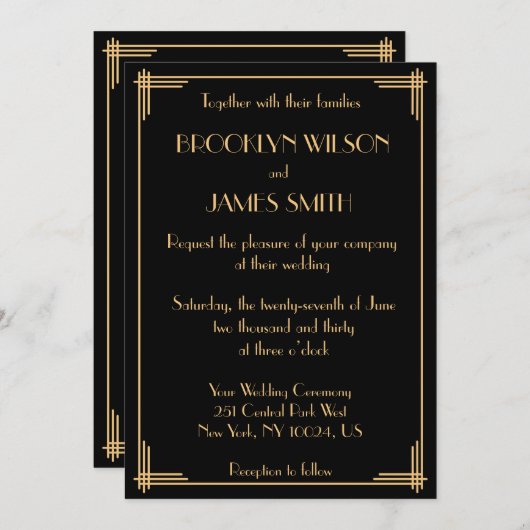 Invitation Black Gold Great Gatsby Art Déco Mariage Invite (Devant / Derrière)