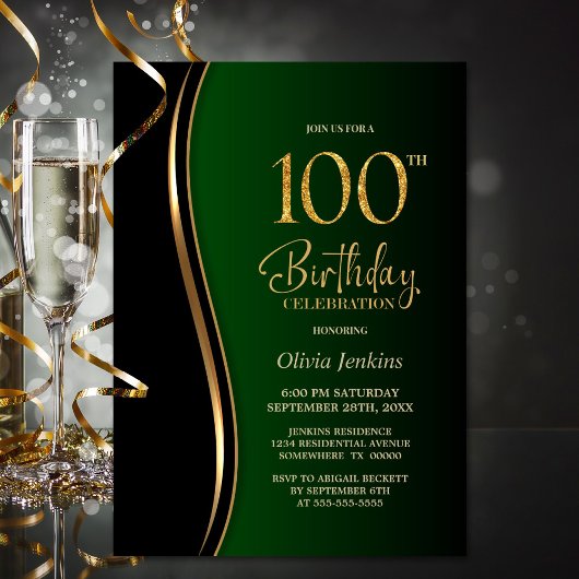 Invitation Black Gold Green 100e fête d'anniversaire