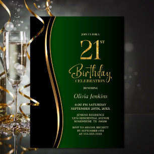 Invitation Black Gold Green 21e fête d'anniversaire