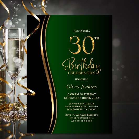 Invitation Black Gold Green 30e fête d'anniversaire