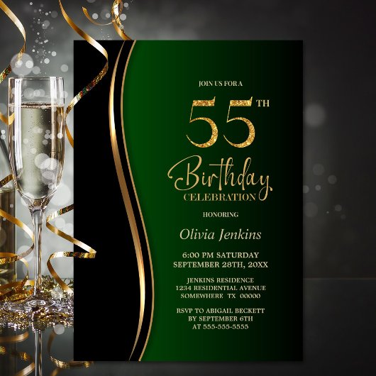 Invitation Black Gold Green 55e fête d'anniversaire