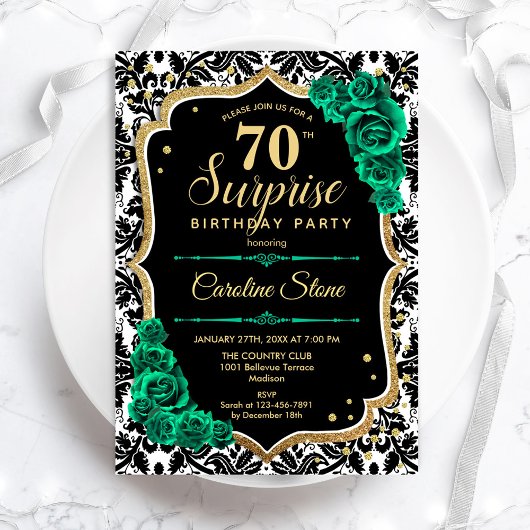 Invitation Black Gold Green Roses Surprise 70e anniversaire