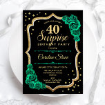 Invitation Black Gold Green Surprise 40e anniversaire<br><div class="desc">Invitation surprise 40e anniversaire de fête. Design noir féminin et vert émeraude avec faux or parties scintillant. Comprend des caractères rose, des caractères de script et des confettis. Parfait pour une célébration anniversaire féminine élégante. Peut être personnalisé pour montrer n'importe quel âge. Invitations Zazzle imprimées ou téléchargement instantané modèle imprimable...</div>