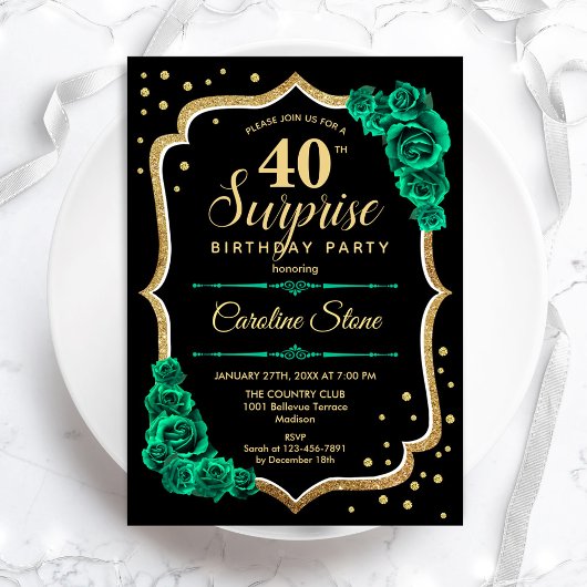 Invitation Black Gold Green Surprise 40e anniversaire