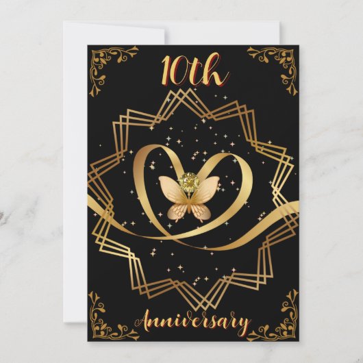 Invitation Black & Gold Heart Chic 10e anniversaire de Mariag (Devant)