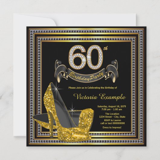Invitation Black Gold High Heel Womans 60e fête d'anniversair (Devant)