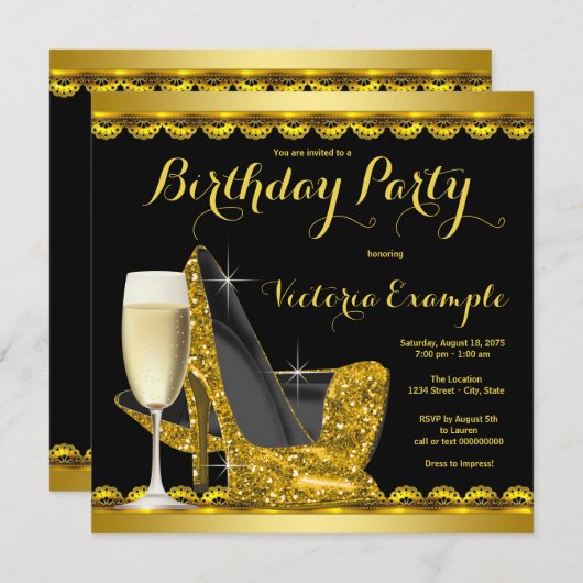 Invitation Black Gold High Heures Anniversaire (Devant / Derrière)