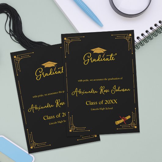 Invitation Black & Gold High School Graduation Announcement