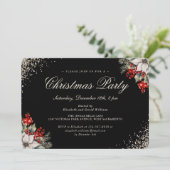 Invitation Black Gold Holly Berries Christmas Holiday Party (Debout devant)