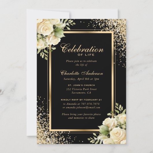 Invitation Black Gold Ivory Floral Photo Célébration de la vi (Devant)