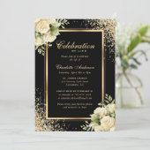 Invitation Black Gold Ivory Floral Photo Célébration de la vi (Debout devant)