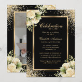 Invitation Black Gold Ivory Floral Photo Célébration de la vi (Devant / Derrière)