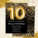 Invitation Black Gold Kids Girl 10e fête d'anniversaire<br><div class="desc">Élégante invitation à la fête du 10e anniversaire en noir et or pour une fille de 10 ans avec écriture de scénario élégante et ballons amusants en feuille de papier.</div>