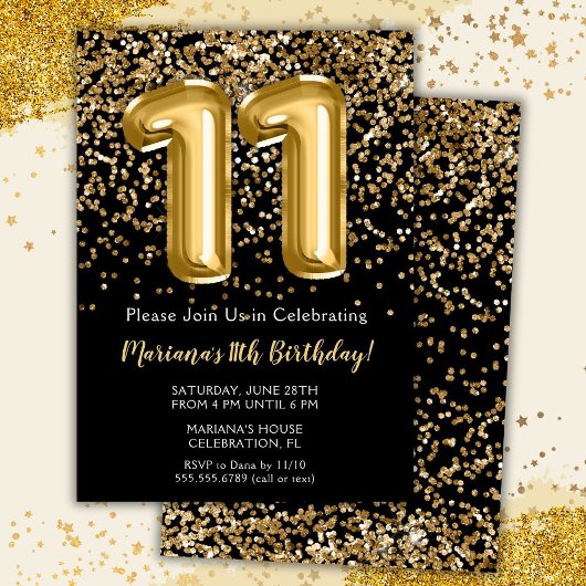 Invitation Black Gold Kids Girl 11e fête d'anniversaire