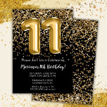 Invitation Black Gold Kids Girl 11e fête d'anniversaire<br><div class="desc">Elégante invitation de fête du 11e anniversaire en noir et or pour une fille de 11 ans avec écriture de script élégante et ballons amusants en feuille de papier.</div>