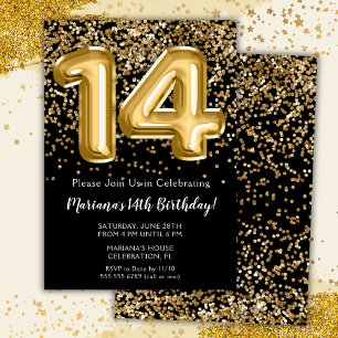 Invitation Black Gold Kids Girl 14ème anniversaire fête