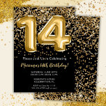 Invitation Black Gold Kids Girl 14th Birthday Part<br><div class="desc">Elégante invitation de fête de 14ème anniversaire en noir et or pour une fille de 14 ans avec un script élégant écrivant police couleur or et des ballons de papier amusant.</div>