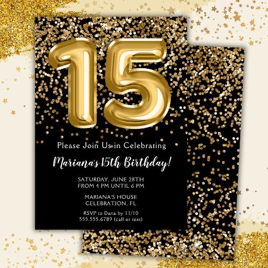 Invitation Black Gold Kids Girl 15e fête d'anniversaire