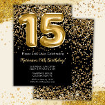 Invitation Black Gold Kids Girl 15th Birthday Part<br><div class="desc">Elégante invitation de fête de 15e anniversaire en noir et or pour une fille de 15 ans avec un script élégant écrivant police couleur or et des ballons de papier amusant.</div>