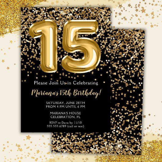 Invitation Black Gold Kids Girl 15th Birthday Part