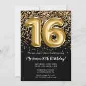 Invitation Black Gold Kids Girl 16e fête d'anniversaire (Devant)