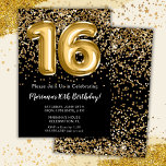 Invitation Black Gold Kids Girl 16e fête d'anniversaire<br><div class="desc">Elégante invitation de fête de 16ème anniversaire en noir et or pour une fille de 16 ans avec écriture de scénario élégante et ballons amusants en feuille de papier.</div>