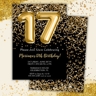 Invitation Black Gold Kids Girl 17th Birthday Part