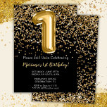 Invitation Black Gold Kids Girl 1er anniversaire de fête Invi<br><div class="desc">Elégante invitation de 1er anniversaire en noir et or pour une fille de 1 an avec écriture de script élégante et ballons amusants en feuille de papier.</div>