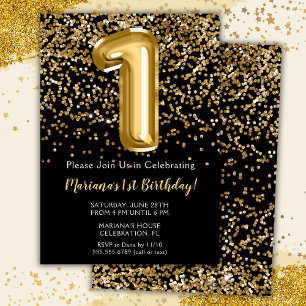 Invitation Black Gold Kids Girl 1er anniversaire de fête Invi