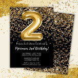 Invitation Black Gold Kids Girl 2e fête d'anniversaire<br><div class="desc">Elégante invitation de fête de 2ème anniversaire en noir et or pour une fille de 2 ans avec écriture de script élégante et ballons amusants en feuille de papier.</div>
