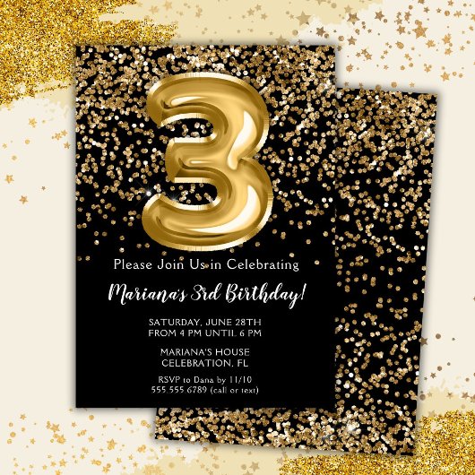 Invitation Black Gold Kids Girl 3e fête d'anniversaire