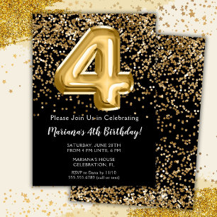 Invitation Black Gold Kids Girl 4e fête d'anniversaire