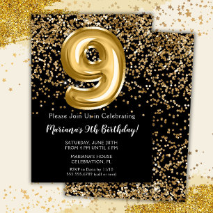 Invitation Black Gold Kids Girl 9e fête d'anniversaire