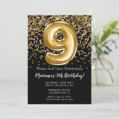 Invitation Black Gold Kids Girl 9e fête d'anniversaire (Debout devant)
