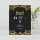Invitation Black & Gold Lace Masquerade Sweet 16 Party (Debout devant)