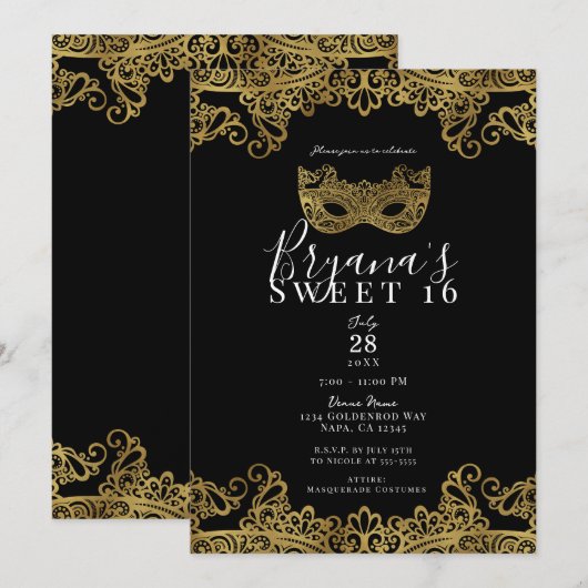 Invitation Black & Gold Lace Masquerade Sweet 16 Party (Devant / Derrière)