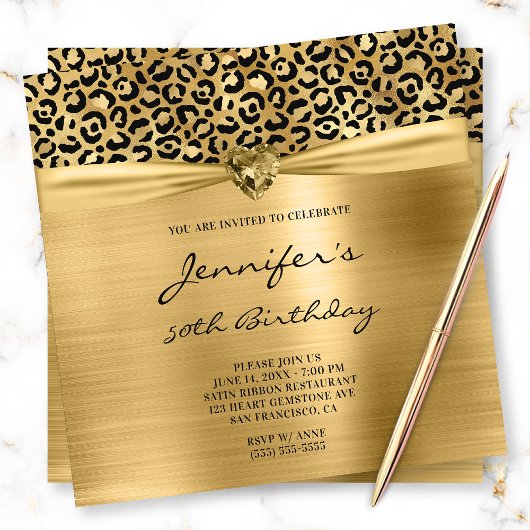 Invitation Black Gold Leopard Foil Gem Heart 50e anniversaire