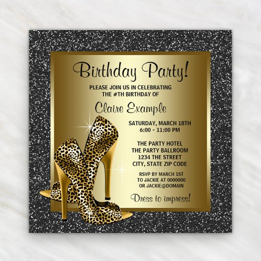 Invitation Black Gold Leopard talon haut fête d'anniversaire