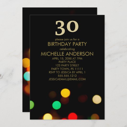 Invitation Black Gold Lights fête d'anniversaire (Devant / Derrière)
