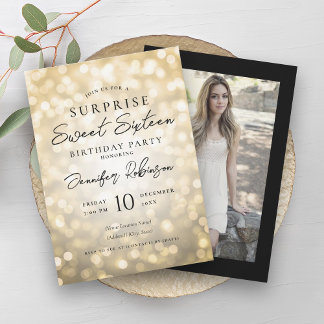 Invitation Black Gold Lights Photo SURPRISE Sweet 16