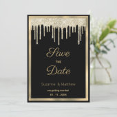 Invitation Black gold luxury glitter drips Save the Date (Debout devant)