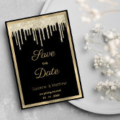 Invitation Black gold luxury glitter drips Save the Date
