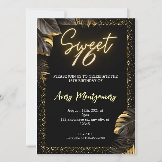 Invitation Black Gold Luxury Happy Sweet 16e anniversaire fêt (Devant)