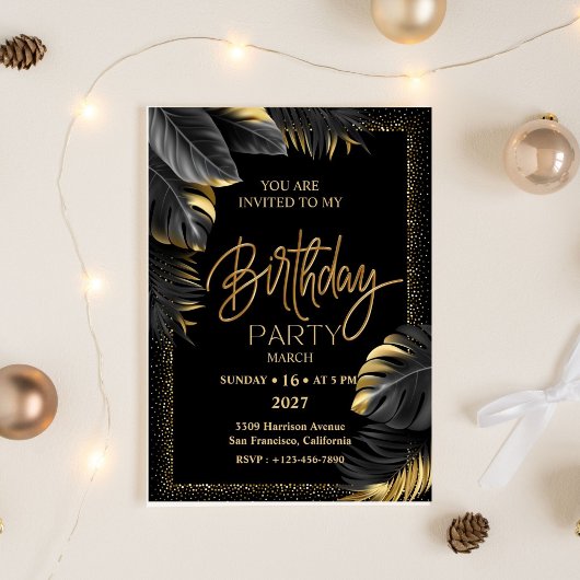 Invitation Black Gold Luxury Tropical Leaf Happy Birthday
