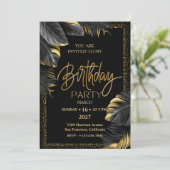 Invitation Black Gold Luxury Tropical Leaf Happy Birthday (Debout devant)